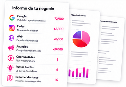 Ejemplo visual del informe de auditoría digital con oportunidades y recomendaciones.